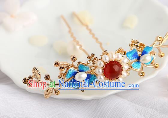 Chinese Classical Palace Pearls Blueing Hair Stick Handmade Hanfu Hair Accessories Ancient Ming Dynasty Empress Plum Hairpins