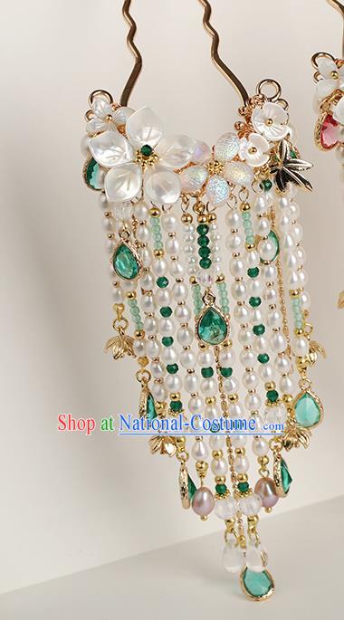 Chinese Classical Palace Green Crystal Pearls Tassel Hair Stick Handmade Hanfu Hair Accessories Ancient Ming Dynasty Empress Hairpins