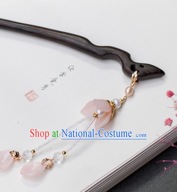 Chinese Classical Palace Pink Flower Tassel Hair Stick Handmade Hanfu Hair Accessories Ancient Ming Dynasty Empress Ebony Hairpins