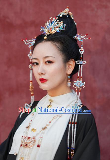 Chinese Classical Palace Blueing Phoenix Hair Crown Handmade Hanfu Hair Accessories Ancient Ming Dynasty Empress Gems Pearls Hairpins