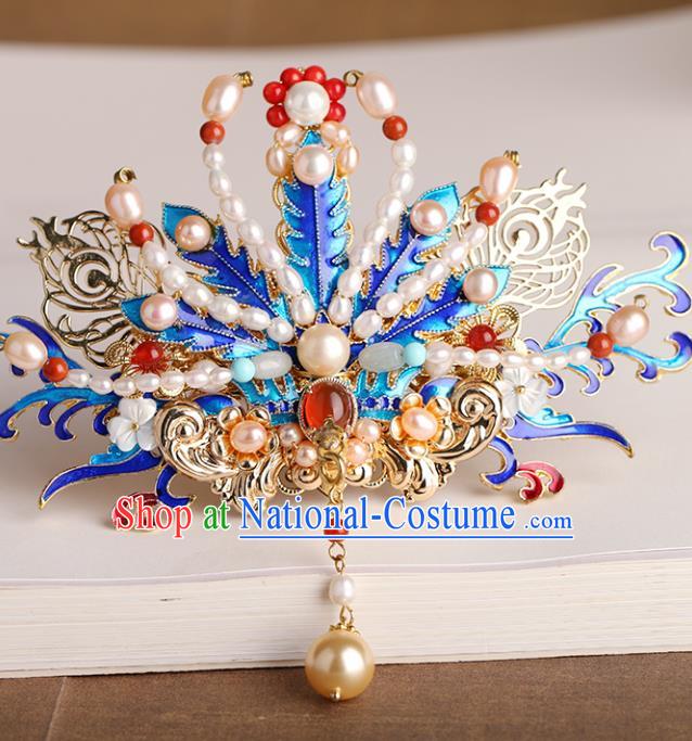 Chinese Classical Palace Blueing Phoenix Hair Crown Handmade Hanfu Hair Accessories Ancient Ming Dynasty Empress Gems Pearls Hairpins