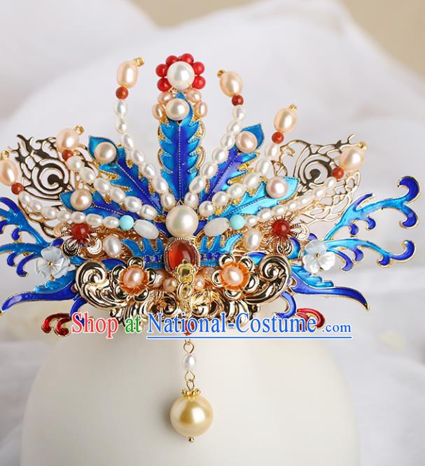 Chinese Classical Palace Blueing Phoenix Hair Crown Handmade Hanfu Hair Accessories Ancient Ming Dynasty Empress Gems Pearls Hairpins