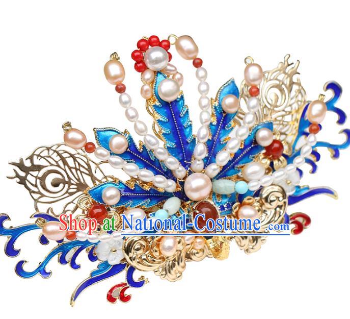 Chinese Classical Palace Blueing Phoenix Hair Crown Handmade Hanfu Hair Accessories Ancient Ming Dynasty Empress Gems Pearls Hairpins