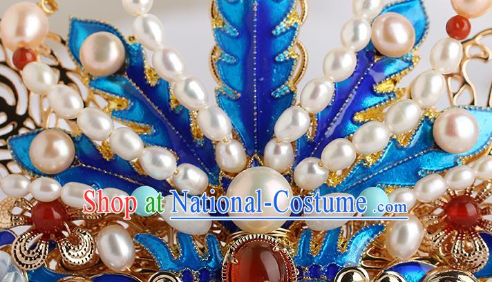 Chinese Classical Palace Blueing Phoenix Hair Crown Handmade Hanfu Hair Accessories Ancient Ming Dynasty Empress Gems Pearls Hairpins