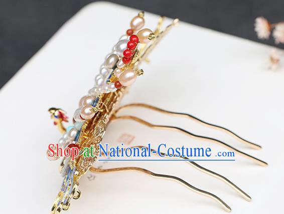 Chinese Classical Palace Blueing Phoenix Hair Crown Handmade Hanfu Hair Accessories Ancient Ming Dynasty Empress Gems Pearls Hairpins