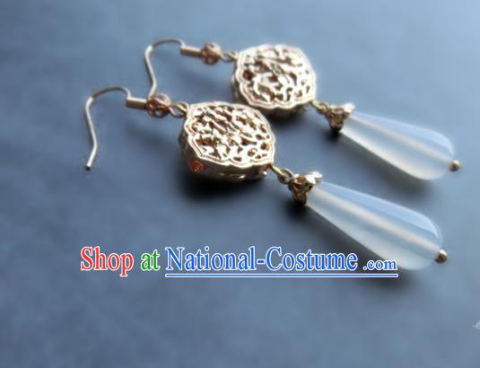 Chinese Handmade White Chalcedony Earrings Classical Ear Accessories Hanfu Ming Dynasty Princess Golden Eardrop