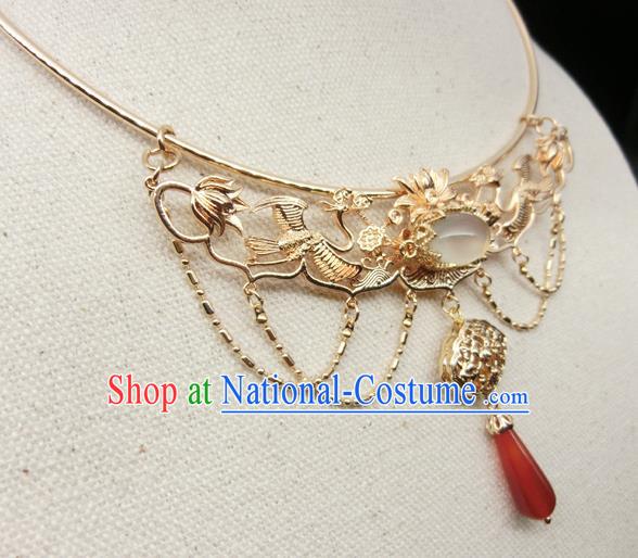 Chinese Handmade Hanfu Golden Crane Necklet Classical Jewelry Accessories Ancient Ming Dynasty Princess Agate Necklace for Women