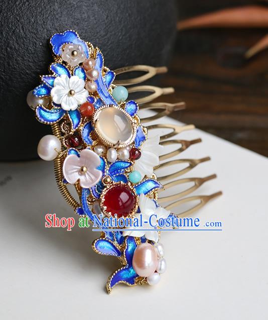 Chinese Classical Palace Blueing Hair Comb Handmade Hanfu Hair Accessories Ancient Qing Dynasty Princess Hairpins Pearls Gems Hair Crown