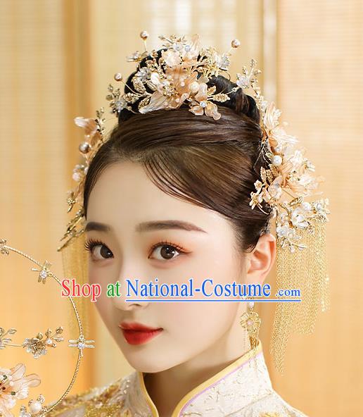 Chinese Classical Wedding Flowers Hair Crown Handmade Hair Accessories Ancient Bride Golden Tassel Hairpins Complete Set