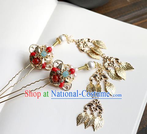 Chinese Classical Palace Golden Leaf Tassel Hair Stick Handmade Hanfu Hair Accessories Ancient Ming Dynasty Princess Hairpins