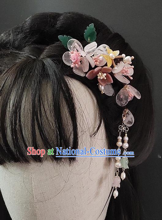 Chinese Classical Pink Flowers Tassel Hair Stick Handmade Hanfu Hair Accessories Ancient Song Dynasty Princess Aventurine Hairpins