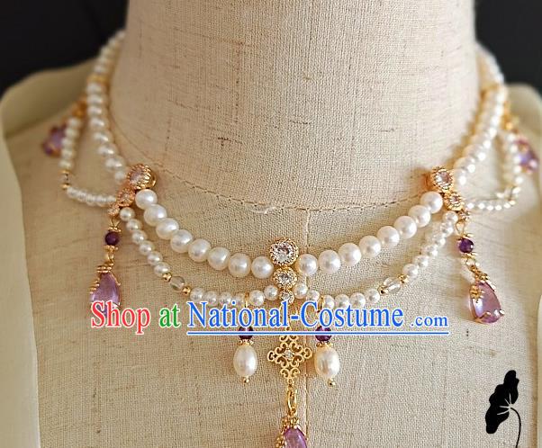 Chinese Handmade Ming Dynasty Purple Crystal Necklet Classical Jewelry Accessories Ancient Princess Hanfu Pearls Necklace for Women