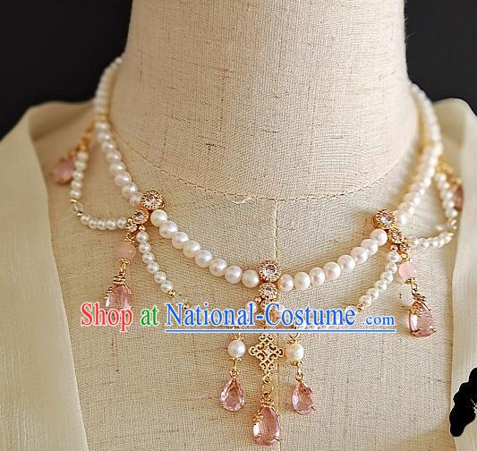 Chinese Handmade Ming Dynasty Pink Crystal Necklet Classical Jewelry Accessories Ancient Princess Hanfu Pearls Necklace for Women