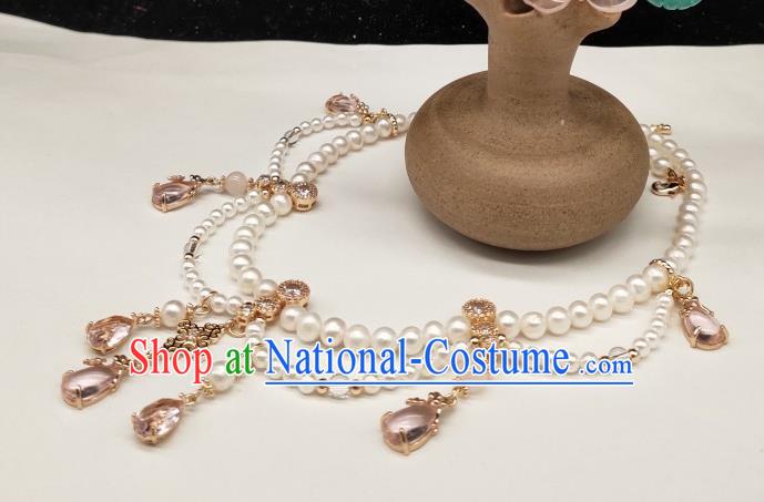 Chinese Handmade Ming Dynasty Pink Crystal Necklet Classical Jewelry Accessories Ancient Princess Hanfu Pearls Necklace for Women