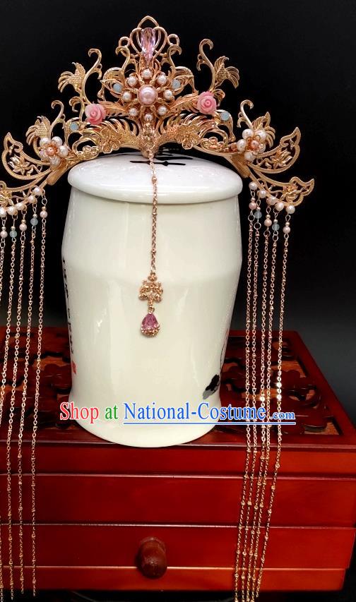 Chinese Classical Golden Phoenix Coronet Handmade Hanfu Hair Accessories Ancient Tang Dynasty Princess Hairpins Tassel Hair Crown