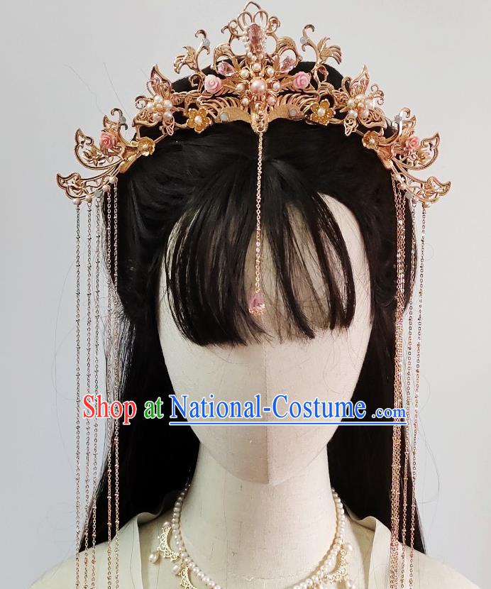 Chinese Classical Pink Rose Phoenix Coronet Handmade Hanfu Hair Accessories Ancient Tang Dynasty Princess Hairpins Golden Hair Crown