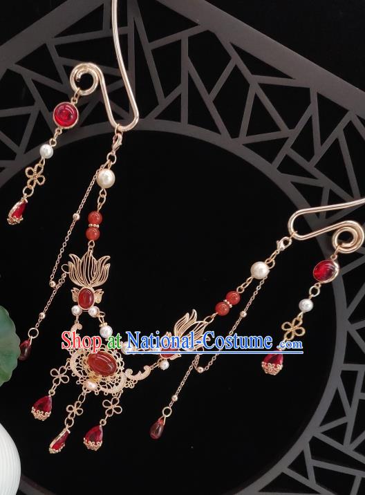 Chinese Handmade Ming Dynasty Hanfu Red Crystal Tassel Necklet Classical Jewelry Accessories Ancient Princess Goldfish Necklace for Women