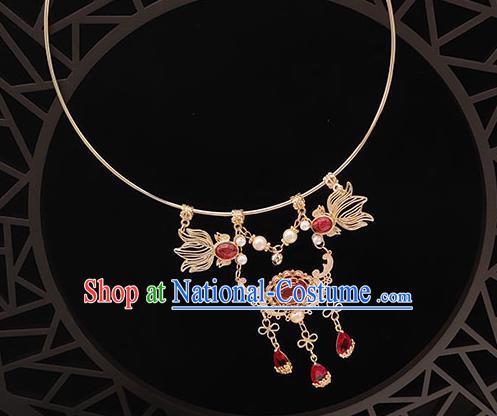 Chinese Handmade Ming Dynasty Hanfu Red Quartz Necklet Classical Jewelry Accessories Ancient Princess Golden Necklace for Women