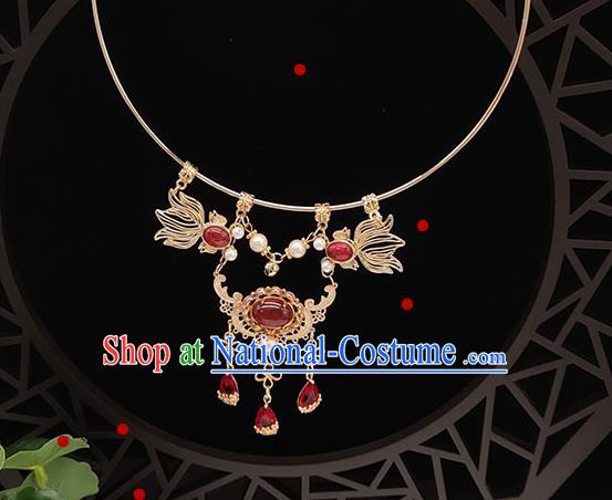 Chinese Handmade Ming Dynasty Hanfu Red Quartz Necklet Classical Jewelry Accessories Ancient Princess Golden Necklace for Women