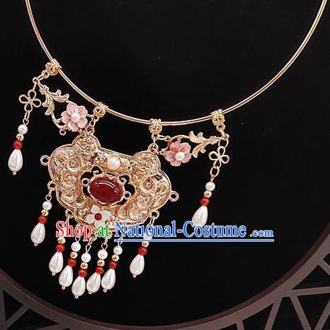 Chinese Handmade Ming Dynasty Hanfu Agate Necklet Classical Jewelry Accessories Ancient Princess Golden Longevity Lock Necklace for Women