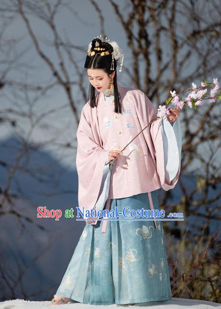 Chinese Ancient Hanfu Apparels Traditional Ming Dynasty Historical Costumes Patrician Lady Embroidered Pink Blouse and Skirt Full Set