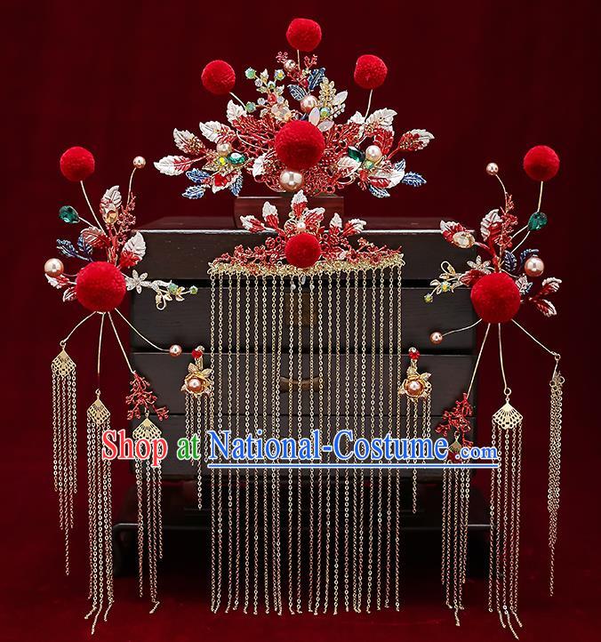 Chinese Classical Wedding Red Venonat Hair Crown Handmade Hair Accessories Ancient Bride Hairpins Hair Comb Complete Set