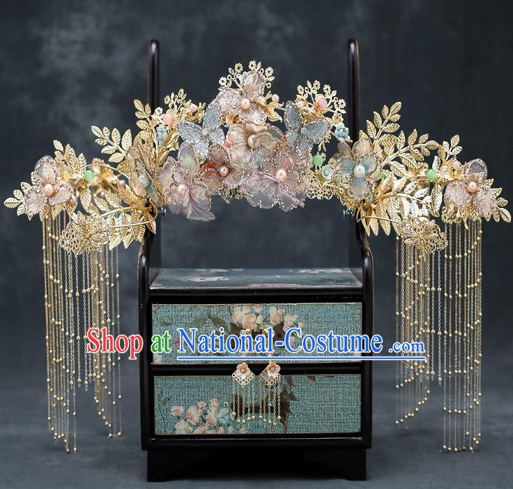 Chinese Classical Wedding Flowers Butterfly Hair Crown Handmade Hair Accessories Ancient Bride Hairpins Complete Set