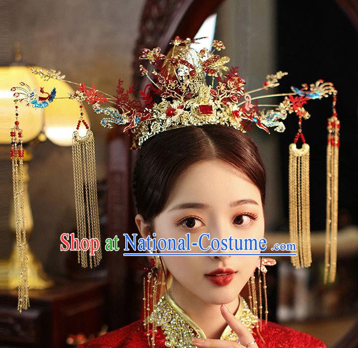 Chinese Handmade Blueing Phoenix Coronet Classical Wedding Hair Accessories Ancient Bride Hairpins Tassel Hair Crown Complete Set