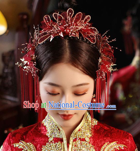 Chinese Handmade Red Flowers Hair Crown Classical Wedding Hair Accessories Ancient Bride Hairpins Tassel Hair Sticks Complete Set