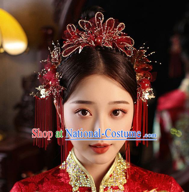 Chinese Handmade Red Flowers Hair Crown Classical Wedding Hair Accessories Ancient Bride Hairpins Tassel Hair Sticks Complete Set