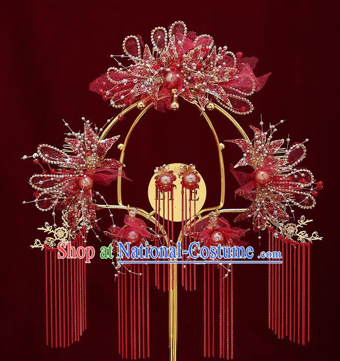 Chinese Handmade Red Flowers Hair Crown Classical Wedding Hair Accessories Ancient Bride Hairpins Tassel Hair Sticks Complete Set