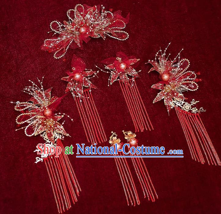 Chinese Handmade Red Flowers Hair Crown Classical Wedding Hair Accessories Ancient Bride Hairpins Tassel Hair Sticks Complete Set