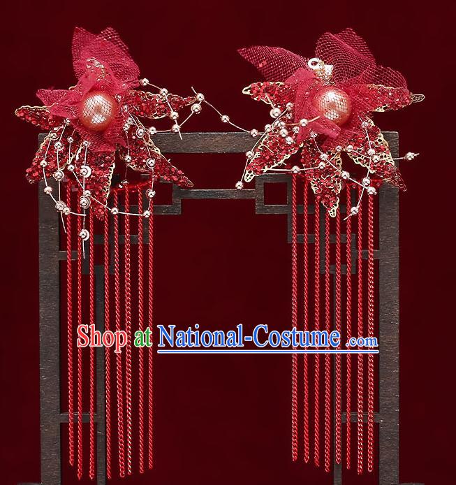 Chinese Handmade Red Flowers Hair Crown Classical Wedding Hair Accessories Ancient Bride Hairpins Tassel Hair Sticks Complete Set