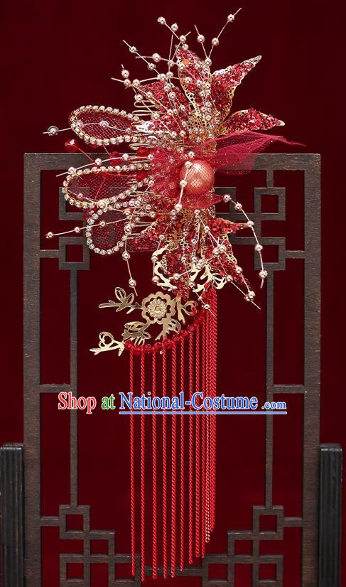 Chinese Handmade Red Flowers Hair Crown Classical Wedding Hair Accessories Ancient Bride Hairpins Tassel Hair Sticks Complete Set