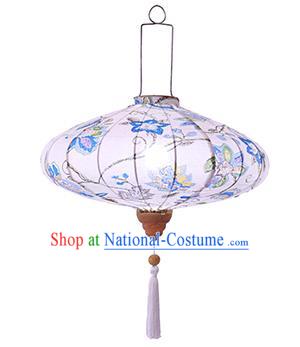 Chinese Traditional Ink Painting Blue Flowers Palace Lanterns Handmade Hanging Lantern Festive New Year Classical Saucer Lamp