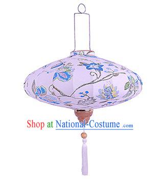 Chinese Traditional Ink Painting Blue Flowers Palace Lanterns Handmade Hanging Lantern Festive New Year Classical Saucer Lamp