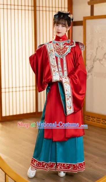 Chinese Ancient Ming Dynasty Nobility Female Historical Costumes Traditional Hanfu Apparels Embroidered Red and Blue Skirt