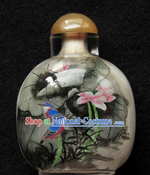 Chinese Handmade Snuff Bottle Traditional Inside Painting Lotus Birds Snuff Bottles Artware