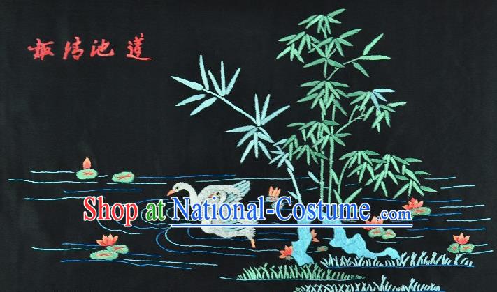 Traditional Chinese Embroidered Duke Lotus Bamboo Decorative Painting Hand Embroidery Black Picture Craft