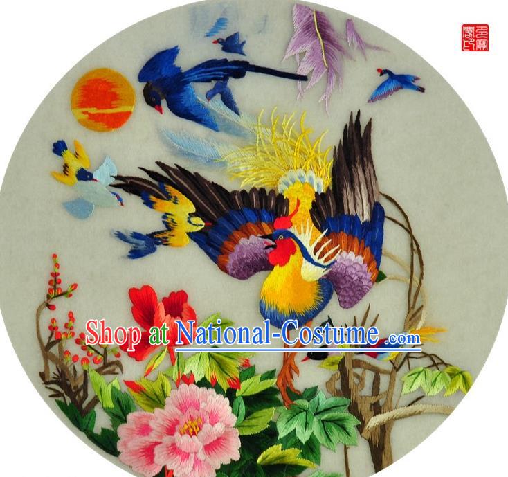 Traditional Chinese Embroidered Phoenix Peony Decorative Painting Hand Embroidery Silk Round Wall Picture Craft