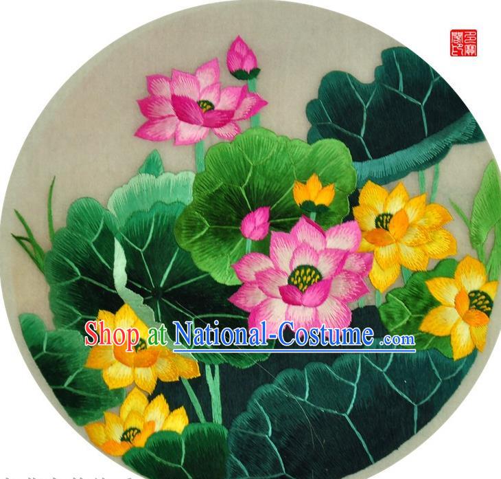 Traditional Chinese Embroidered Lotus Decorative Painting Hand Embroidery Silk Round Wall Picture Craft