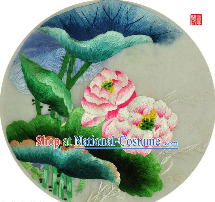 Traditional Chinese Embroidered Pink Lotus Decorative Painting Hand Embroidery Silk Round Wall Picture Craft