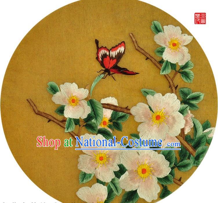 Traditional Chinese Embroidered Peach Blossom Decorative Painting Hand Embroidery Butterfly Silk Round Wall Picture Craft