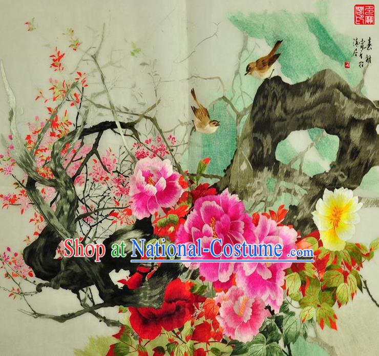 Traditional Chinese Embroidered Flowers Bird Decorative Painting Hand Embroidery Peony Silk Wall Picture Craft