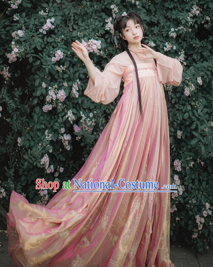 Chinese Traditional Hanfu Tang Dynasty Noble Lady Costumes Ancient Princess Garment Pink Blouse and Dress Full Set