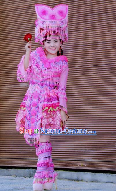 Custom Yunnan Ethnic Wedding Dress Top Quality China Miao Minority Bride Rosy Costume and Hat for Women