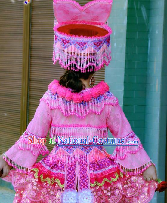 Custom Yunnan Ethnic Wedding Dress Top Quality China Miao Minority Bride Rosy Costume and Hat for Women