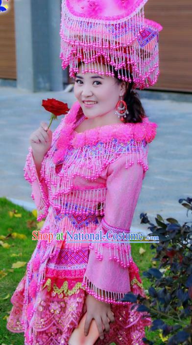 Custom Yunnan Ethnic Wedding Dress Top Quality China Miao Minority Bride Rosy Costume and Hat for Women