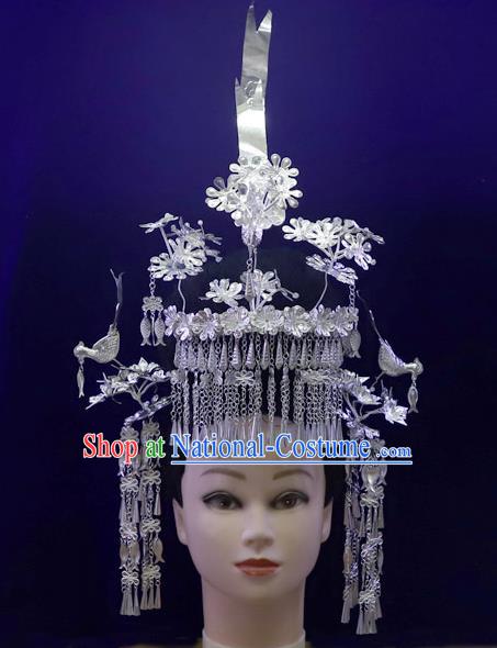 Chinese Miao Ethnic Stage Performance Headwear Quality Minority Nationality Bride Argent Phoenix Coronet Hair Crown Hairpins Full Set