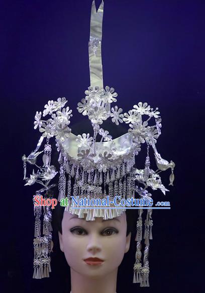 Chinese Miao Ethnic Stage Performance Headwear Quality Minority Nationality Bride Argent Phoenix Coronet Hair Crown Hairpins Full Set